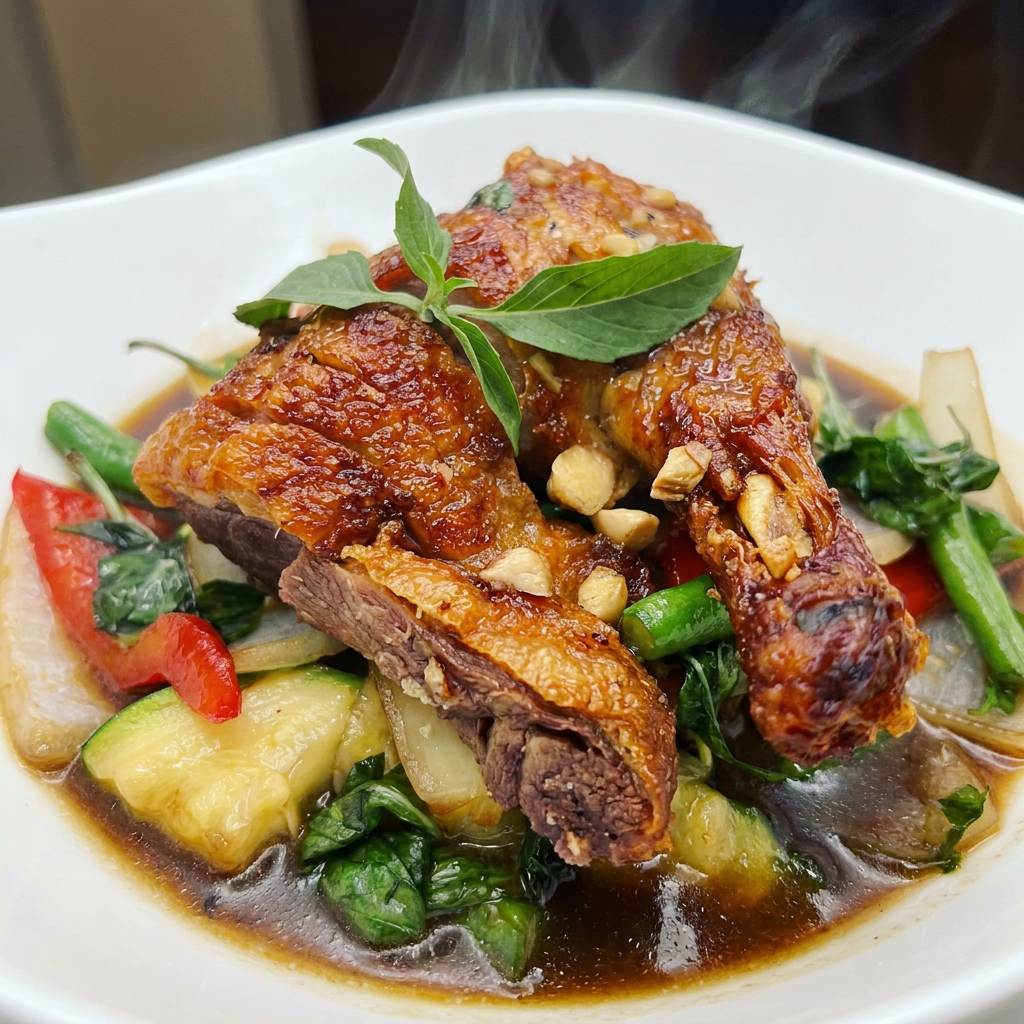 Crispy duck with basil and chili over fresh vegetables