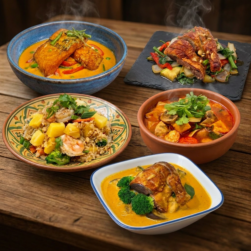A vibrant spread of Thai curries, fried rice, and signature dishes