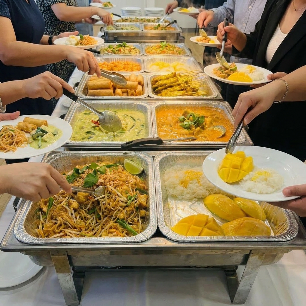 Catering spread of Thai and Vietnamese dishes