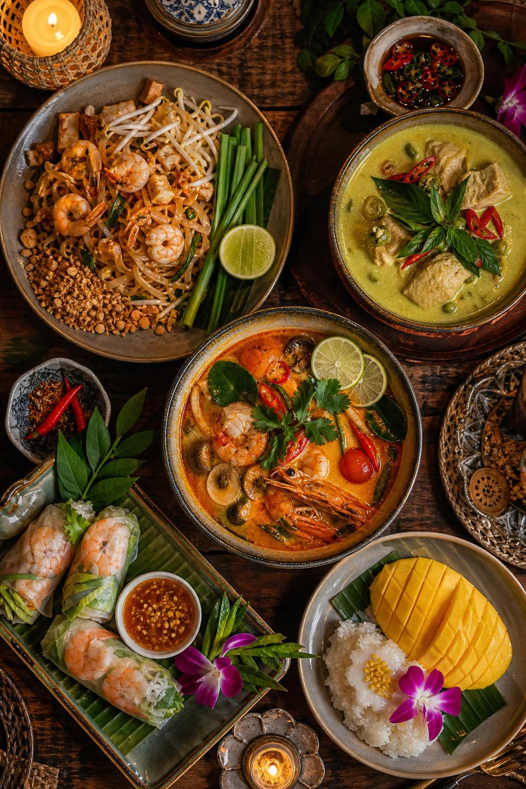 A spread of authentic Thai dishes
